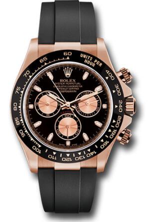 Replica Rolex Everose Gold Cosmograph Daytona 40 Watch 116515LN Black Index Dial Black Oysterflex Strap